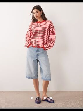 Red and White Striped Button Cardigan